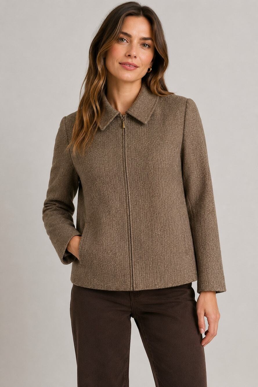 Talbots Woman Petites 18W Brown Herringbone Wool Blend Zip Jacket Italian Fabric